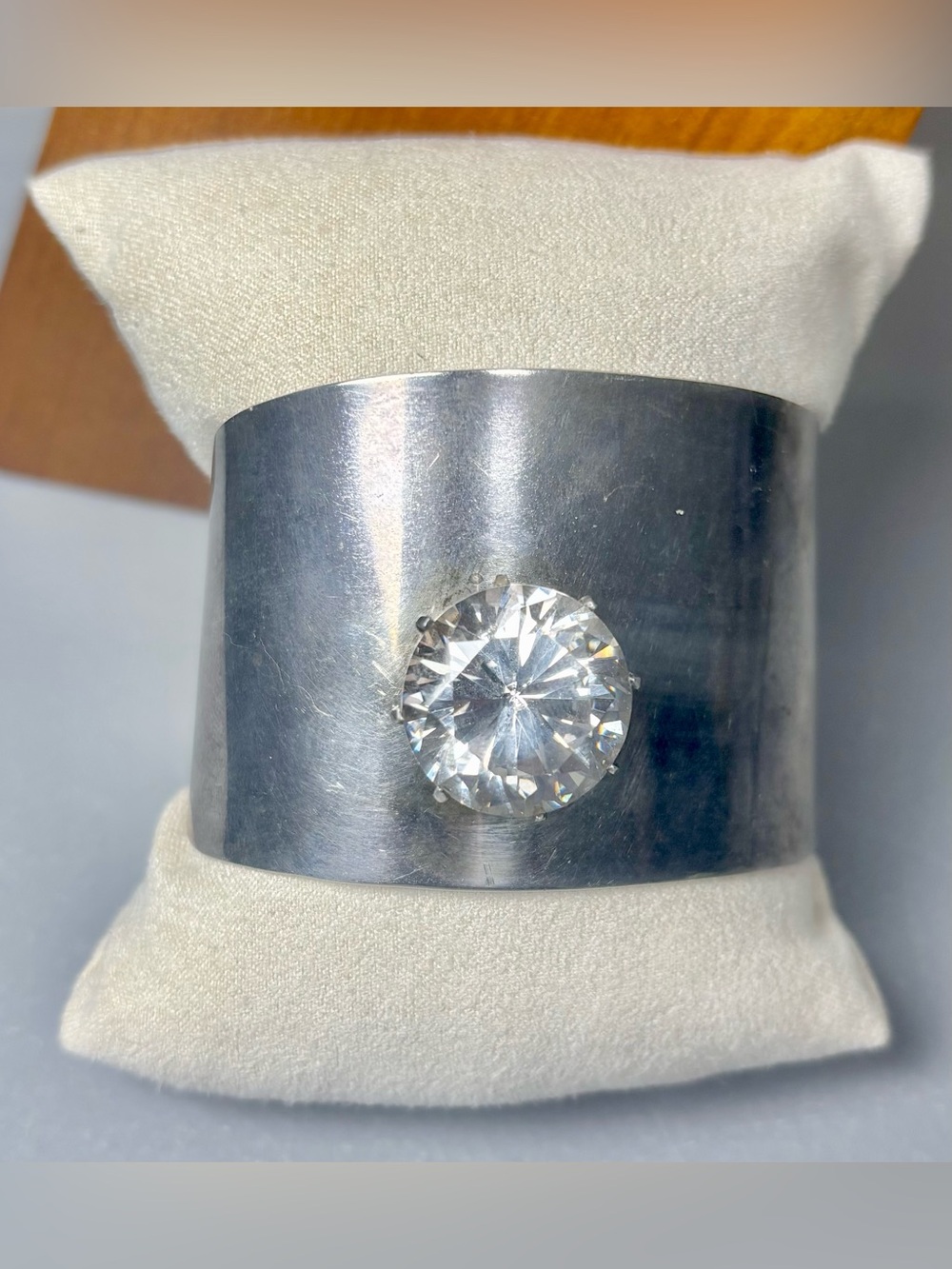 VTG Taxco Mexico .925 Sterling Silver Modernist CZ Stone Wide Cuff Bracelet